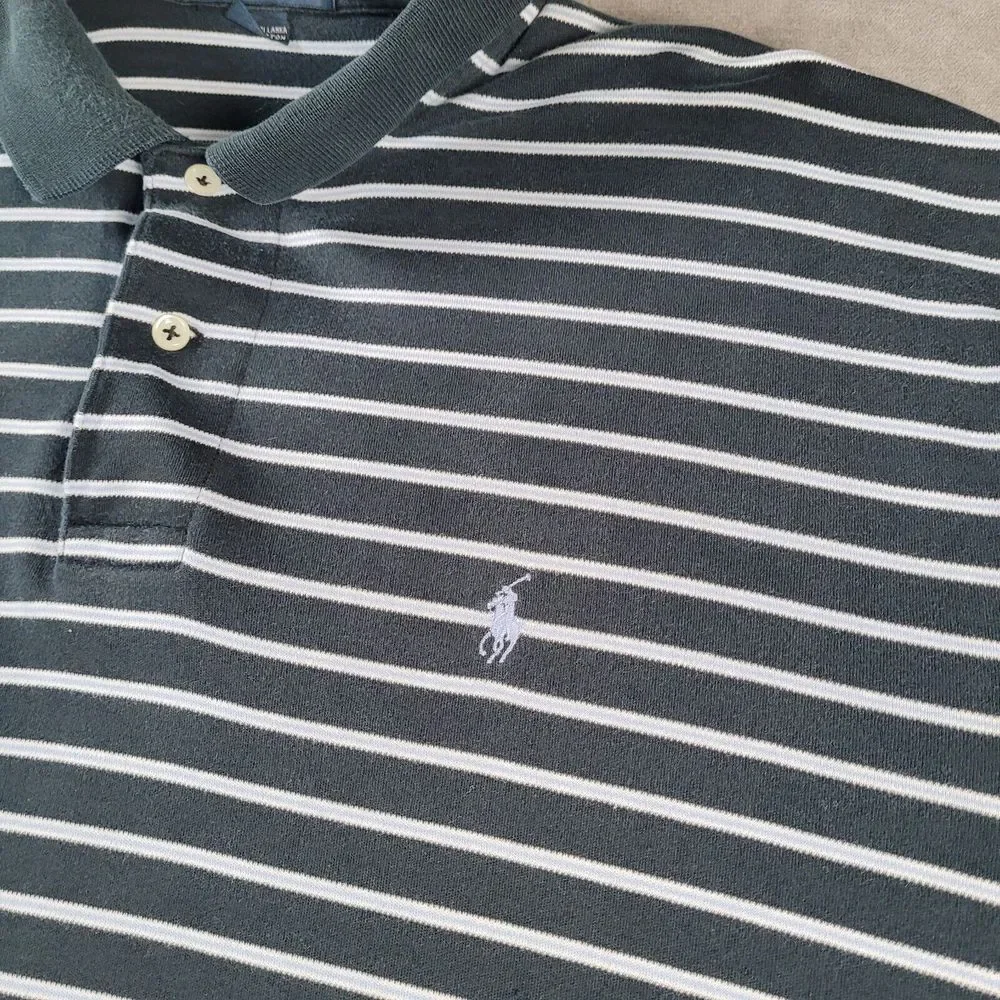 Polo‎ Ralph Lauren Vintage Polo Shirt Black White Blue Striped Mens Size Large